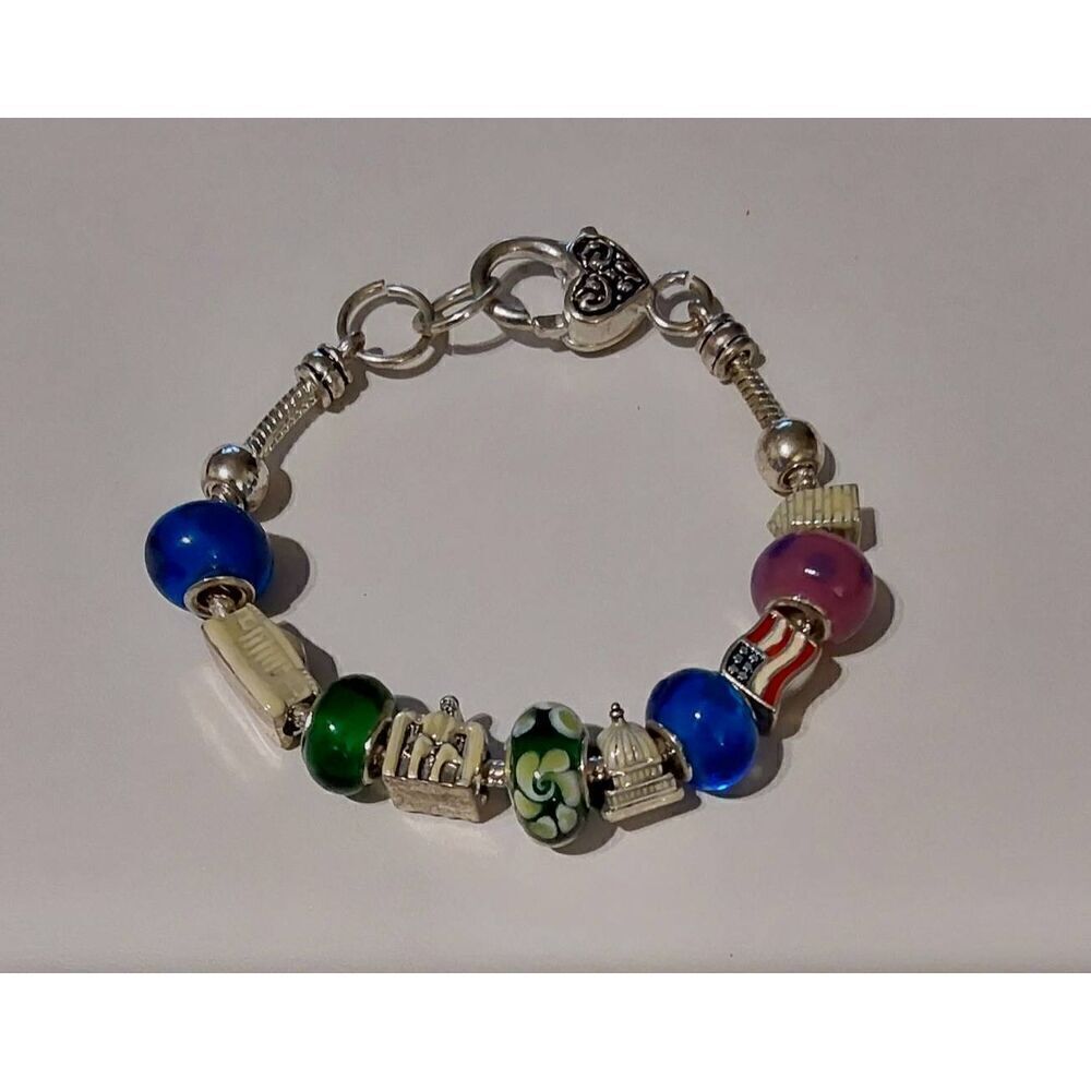 Last One~July 4th USA Patriotic Murano Glass & Euro Charm Bracelet